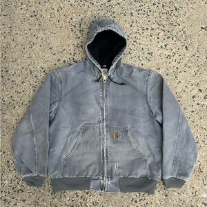 VTG Rare Carhartt Thermal Jacket J25 MTL SZ L Zip Hooded Grey Faded Distressed